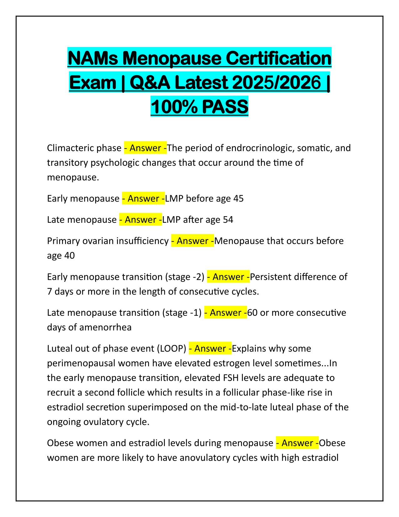 NAMs Menopause Certification Exam Q&A Latest Update