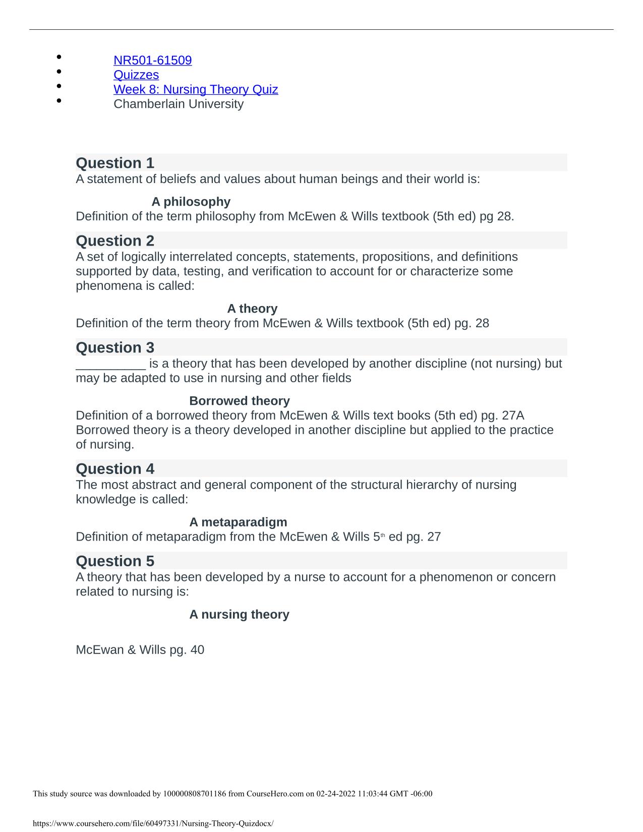 NR501-61509 Quizzes Week 8 Nursing Theory Quiz Chamberlain University 2025/2026 PDF Download Latest Update