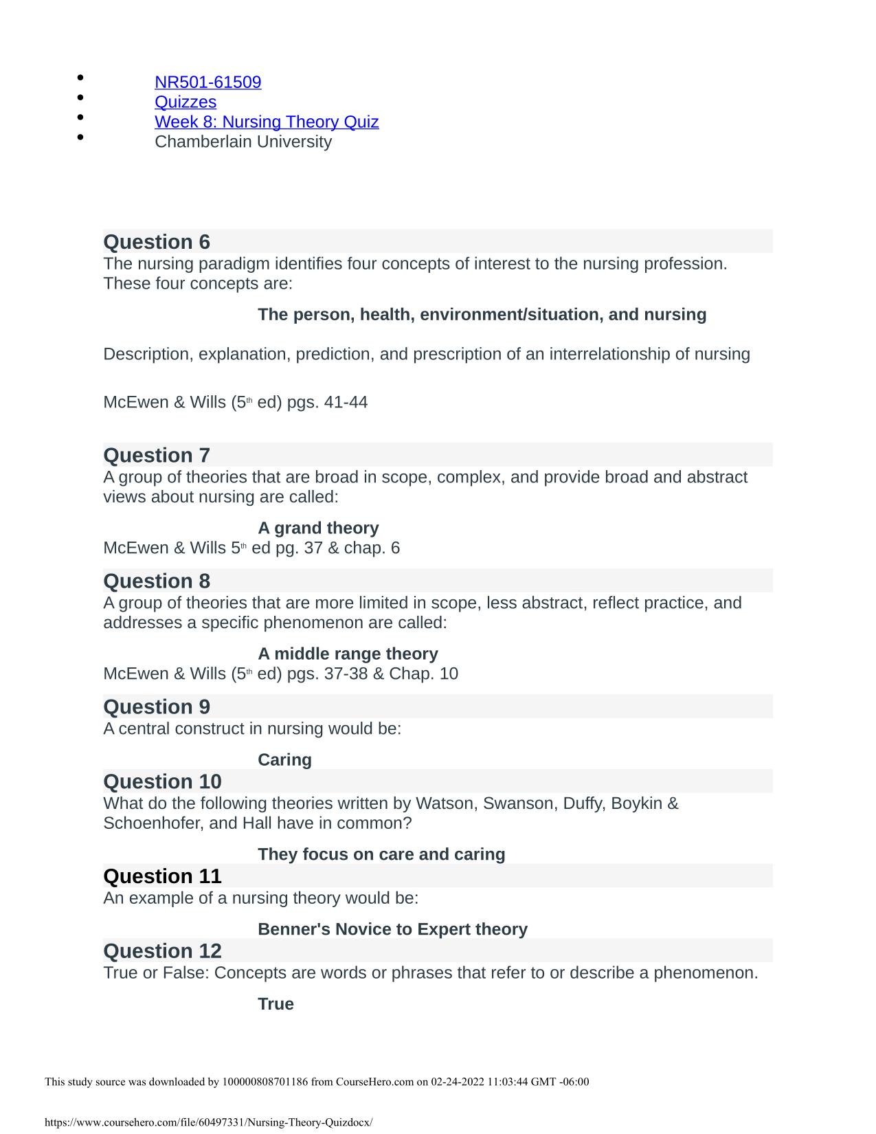 NR501-61509 Quizzes Week 8 Nursing Theory Quiz Chamberlain University 2025/2026 PDF Download Latest Update