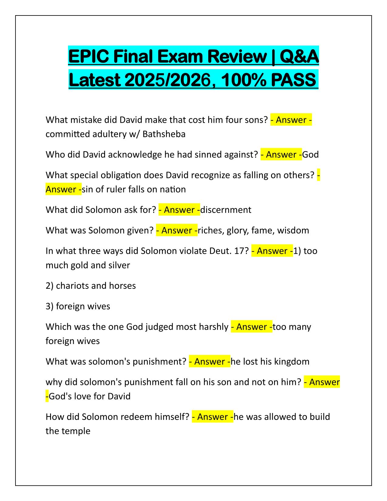 EPIC Final Exam Review Q&A Latest Update