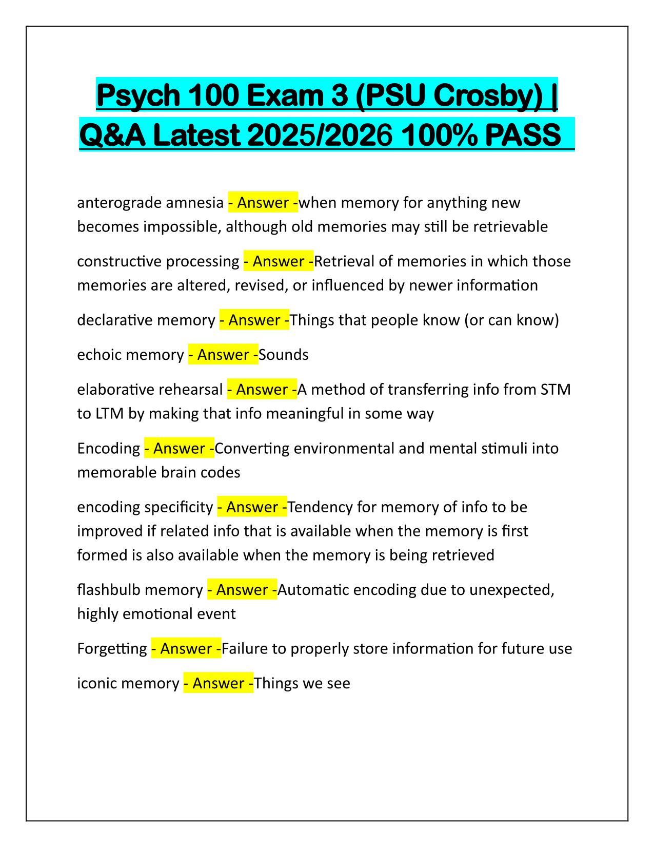 Psych 100 Exam 3 (PSU Crosby) Q&A Latest Update