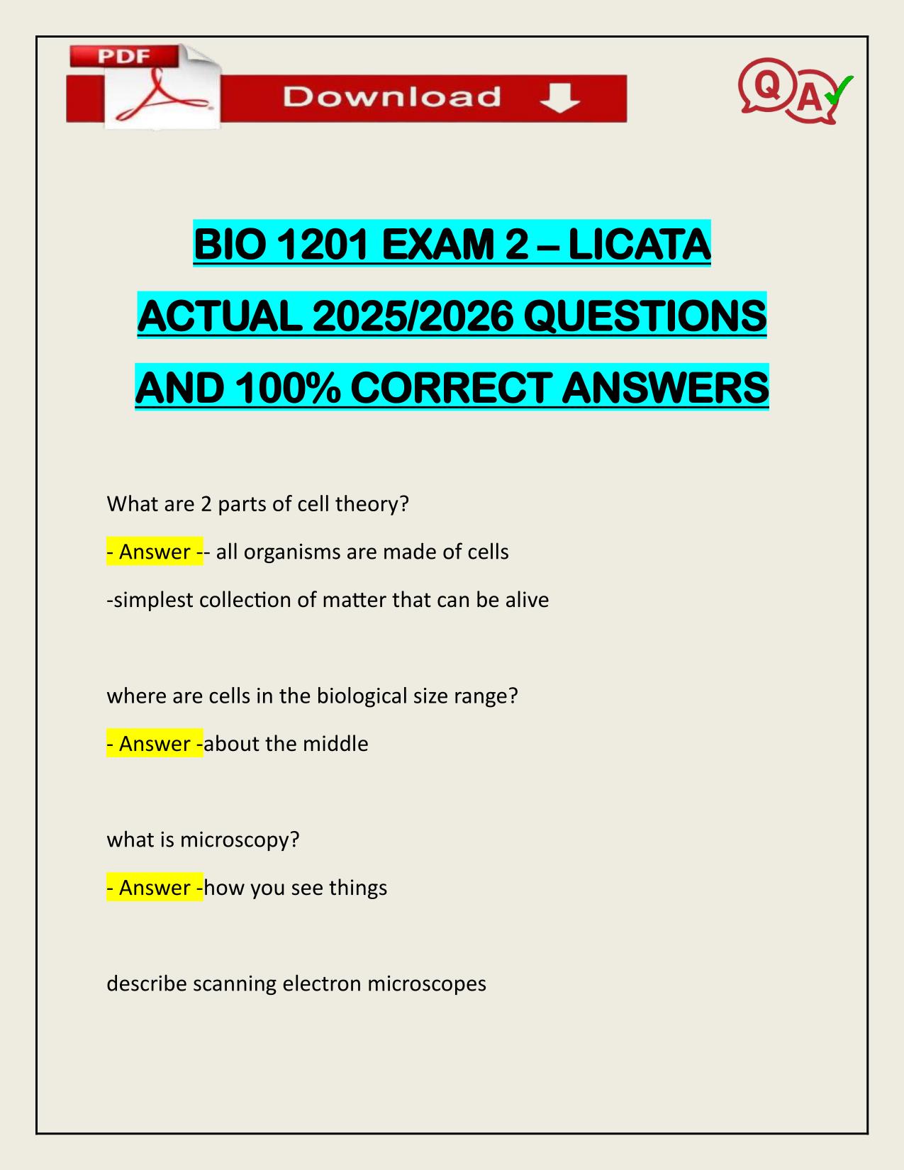 BIO 1201 EXAM 2 – LICATA ACTUAL 2025/2026 CORRECTLY ANSWERED