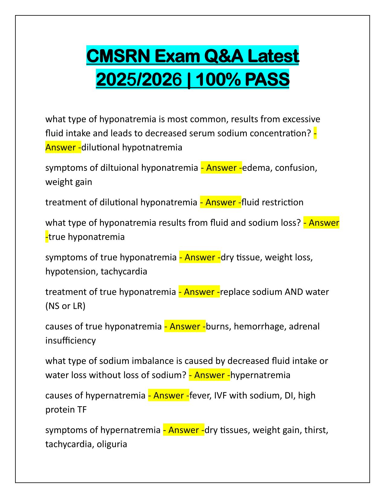 CMSRN Exam Questions and Correct Answers Latest Update