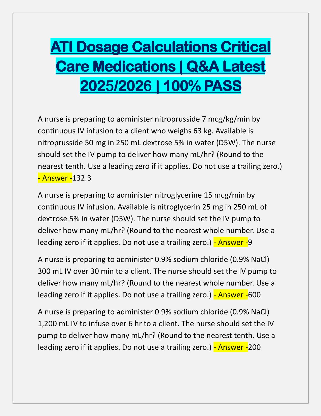 ATI Dosage Calculations Critical Care Medications EXAM Q&A Latest Update