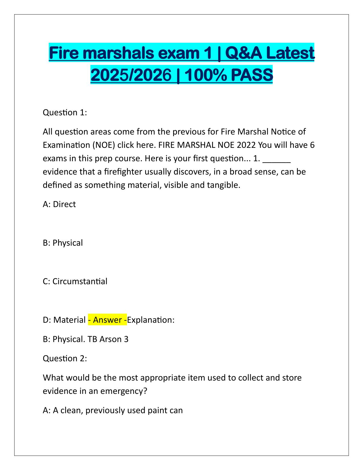 Fire marshals EXAM 1 Q&A Latest Update 2025-2026