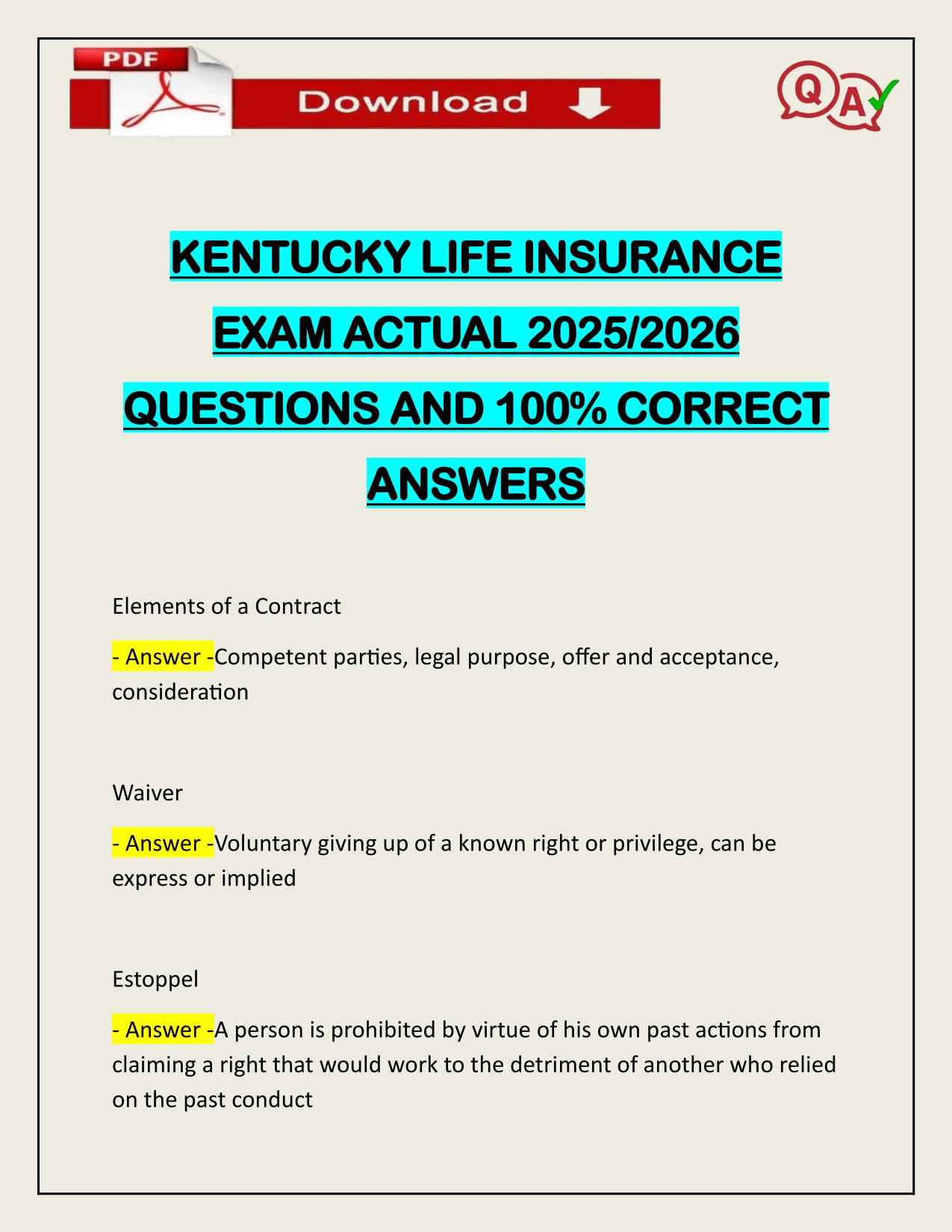 KENTUCKY LIFE INSURANCE EXAM ACTUAL 2025/2026 LATEST UPDATE