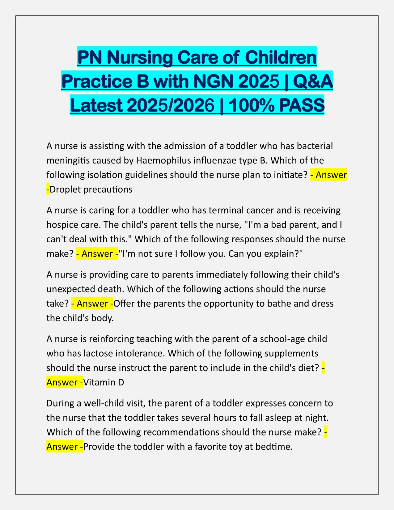 PN Nursing Care of Children Practice B with NGN 2025 Q&A Latest Update