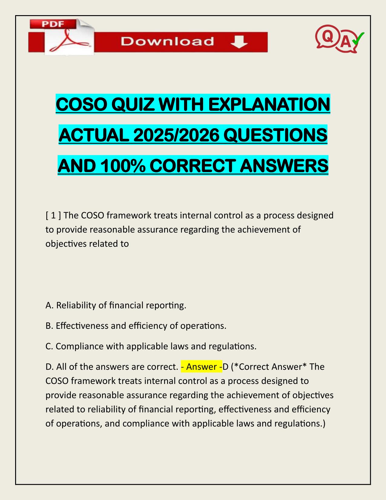 COSO QUIZ WITH EXPLANATION ACTUAL 2025/2026 CORRECTLY ANSWERED