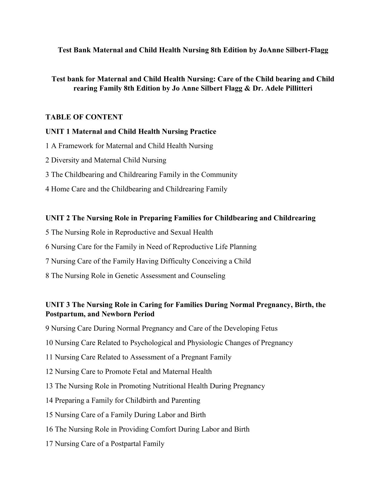 Test bank for Maternal and Child Health Nursing Care of the Child bearing and Child rearing Family 8th Edition by Jo Anne Silbert Flagg & Dr. Adele Pillitteri  ISBN-13. 978-1496348135 PDF Download latest Update 2025/2026