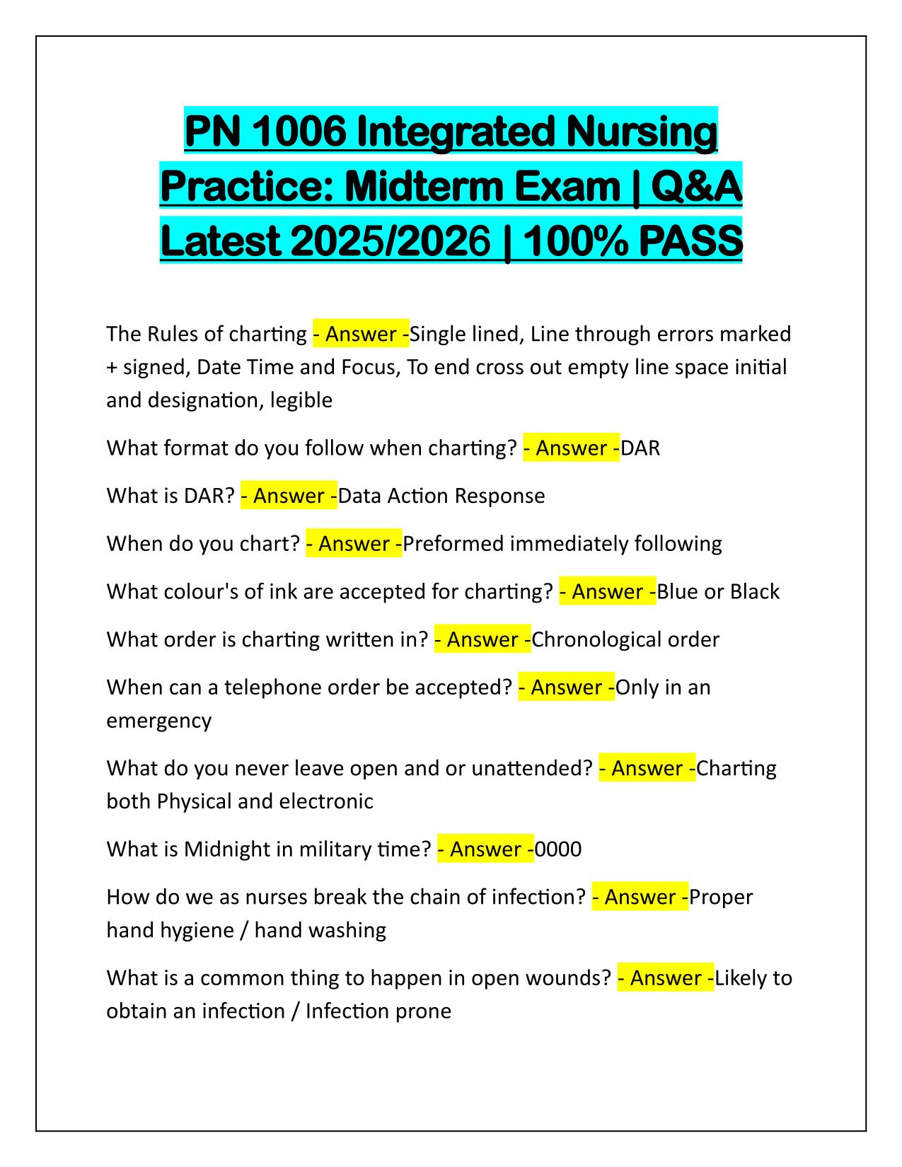 PN 1006 Integrated Nursing Practice Midterm Exam Q&A Latest Update