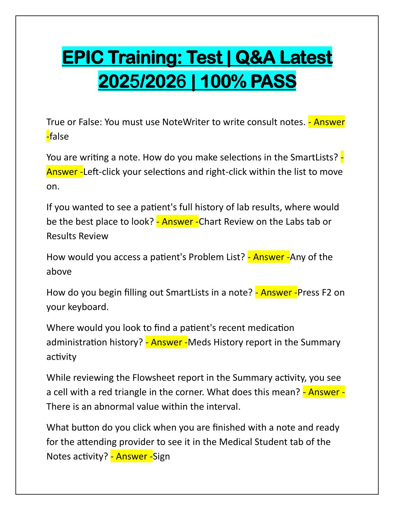 EPIC Training Test Q&A Latest Update 2025