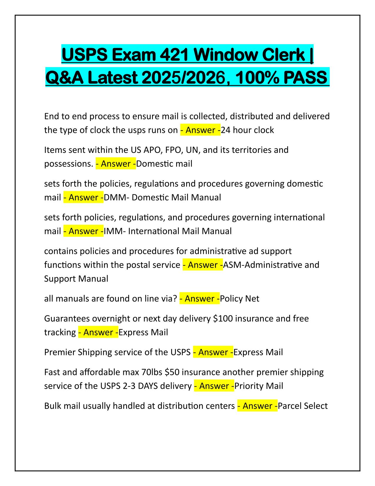 USPS Exam 421 Window Clerk Questions and Correct Answers 2025