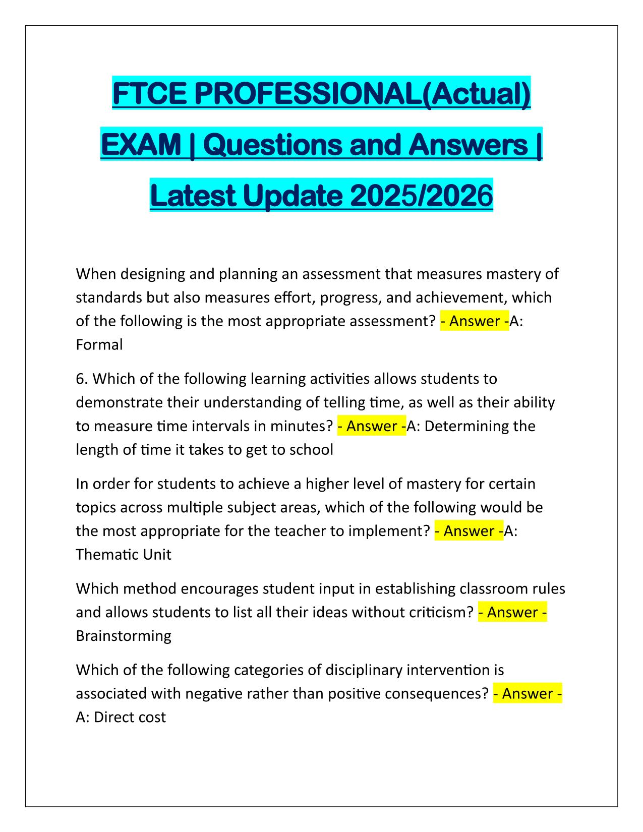 FTCE PROFESSIONAL(Actual) EXAM Questions and Answers