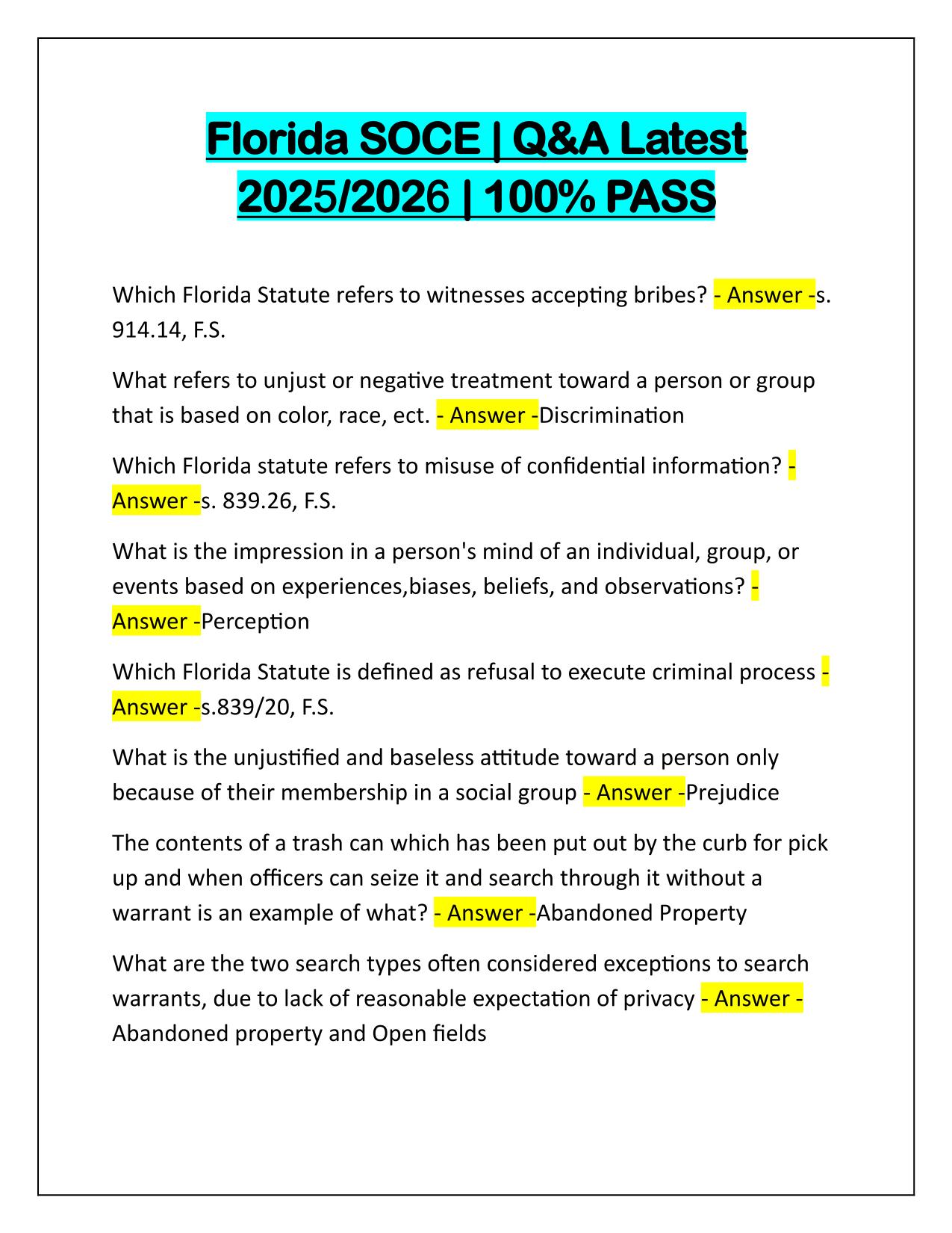 Florida SOCE Correctly Answered Latest Update