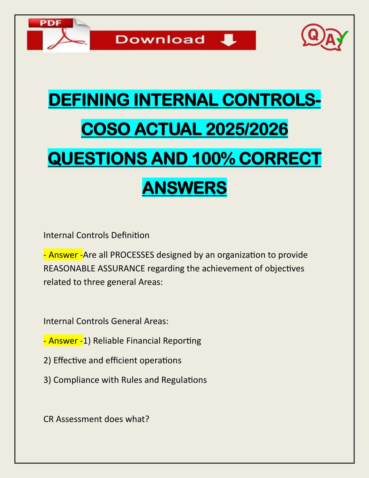 DEFINING INTERNAL CONTROLSCOSO ACTUAL 2025/2026 QUESTIONS AND 100% CORRECT ANSWERS