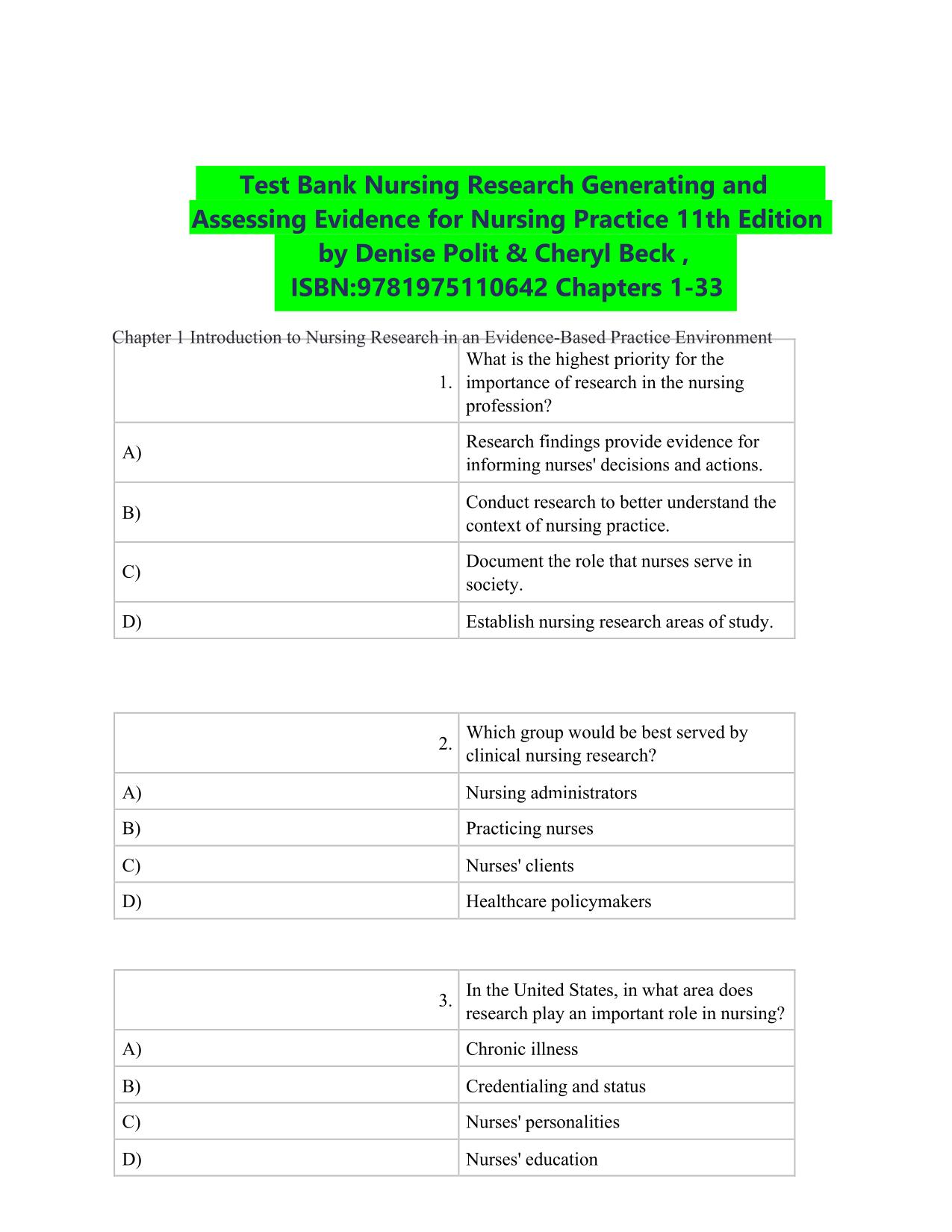Test Bank Nursing Research Generating and Assessing Evidence for Nursing Practice 11th Edition by Denise Polit and Cheryl Beck ISBN 9781975110642