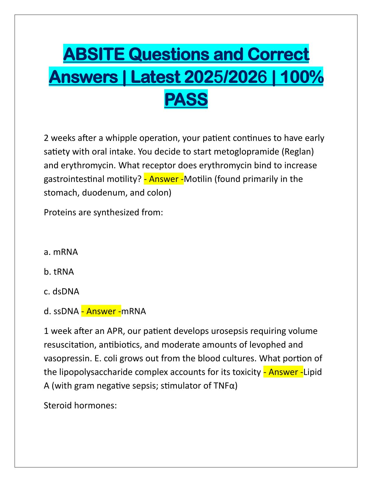 ABSITE Questions and Correct Answers Latest Update