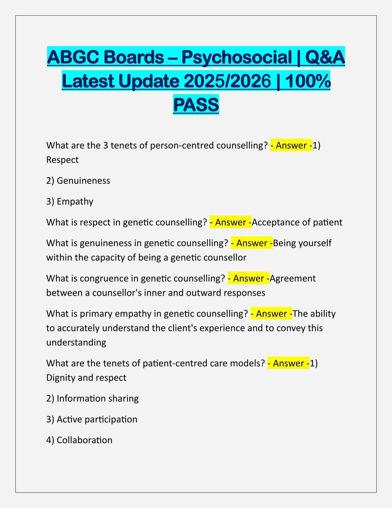 ABGC Boards–Psychosocial EXAM Correctly Answered
