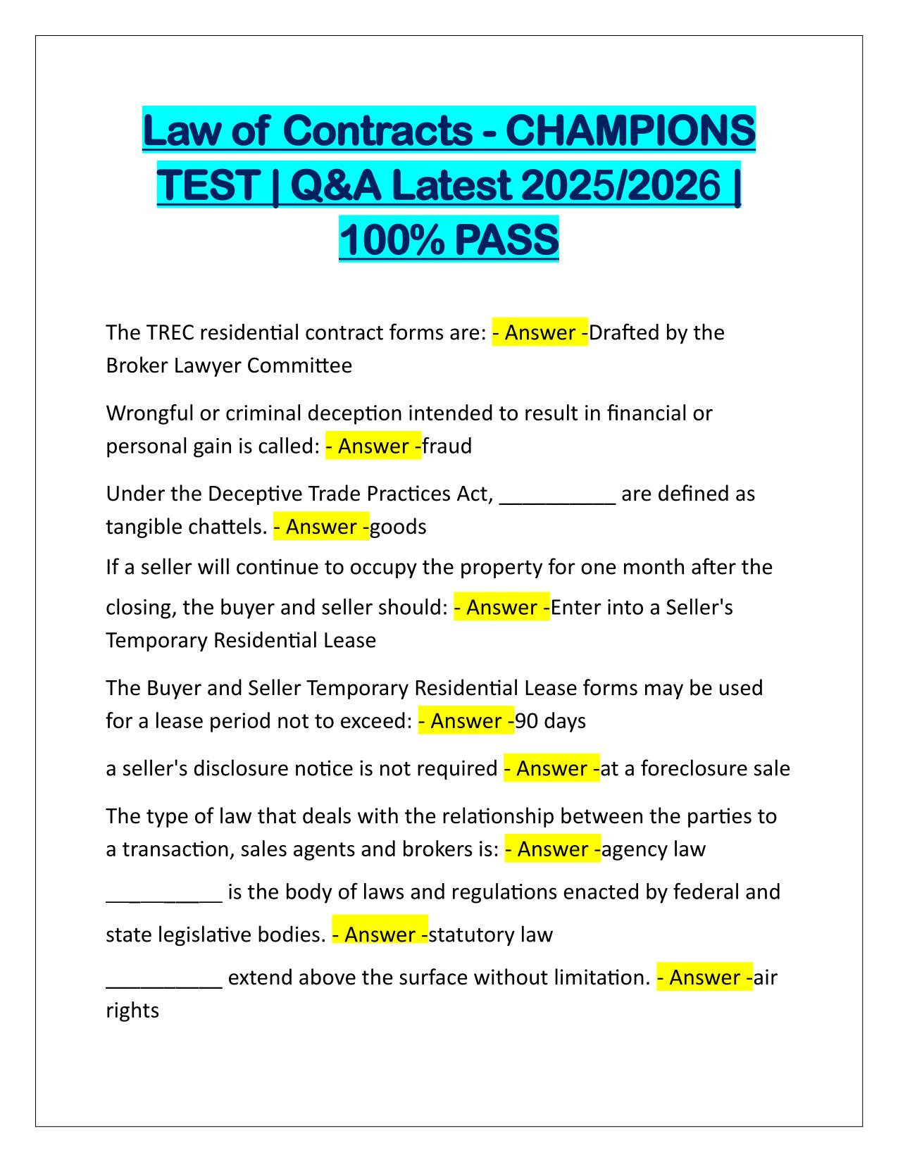 Law of Contracts-CHAMPIONS TEST Correctly Answered Latest Update