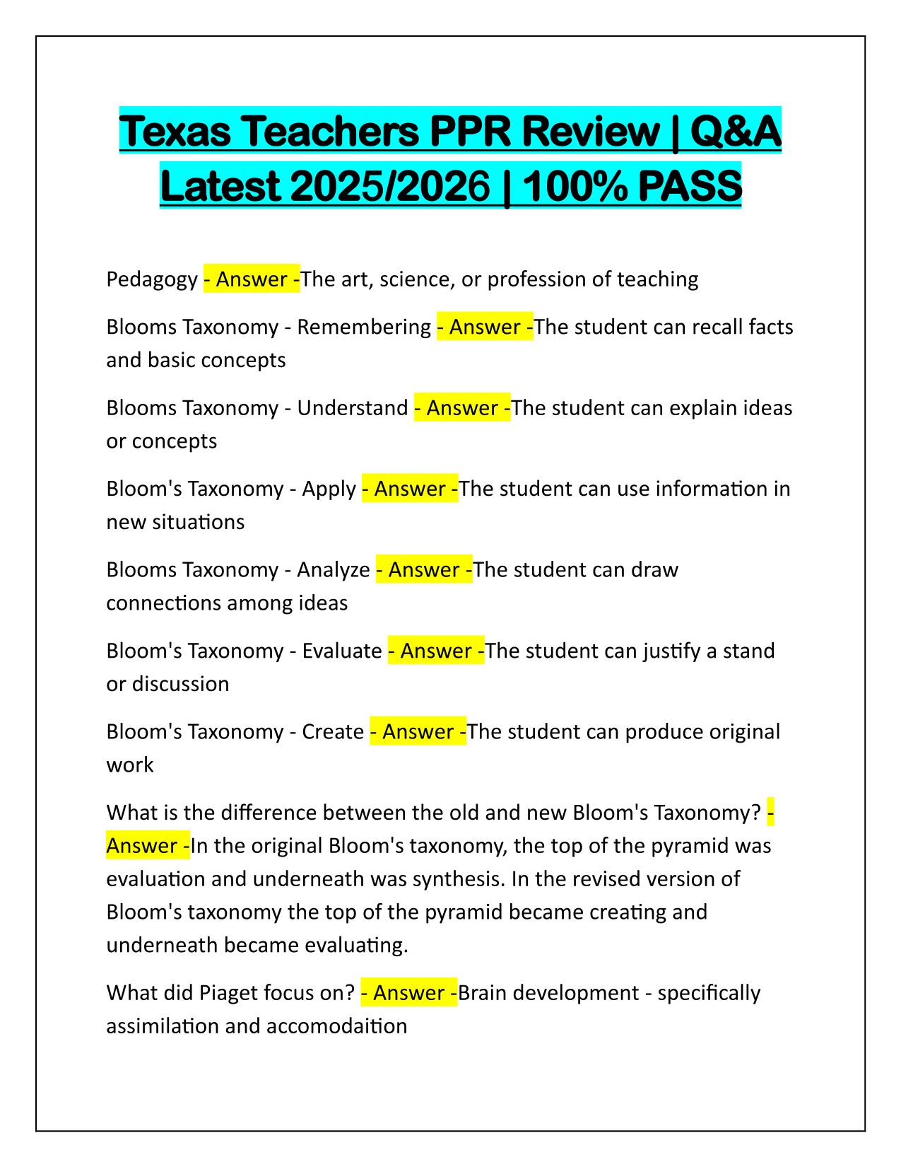 Texas Teachers PPR Review Q&A Latest Update 2025