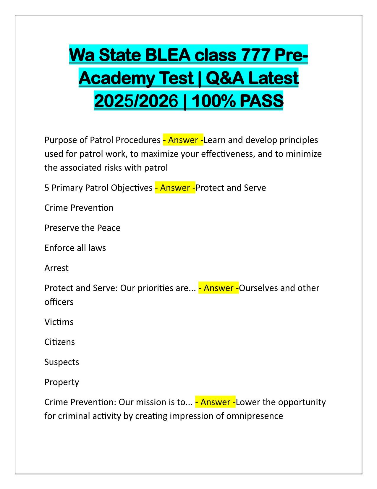 Wa State BLEA class 777 Pre-Academy Test Correctly Answered Latest Update