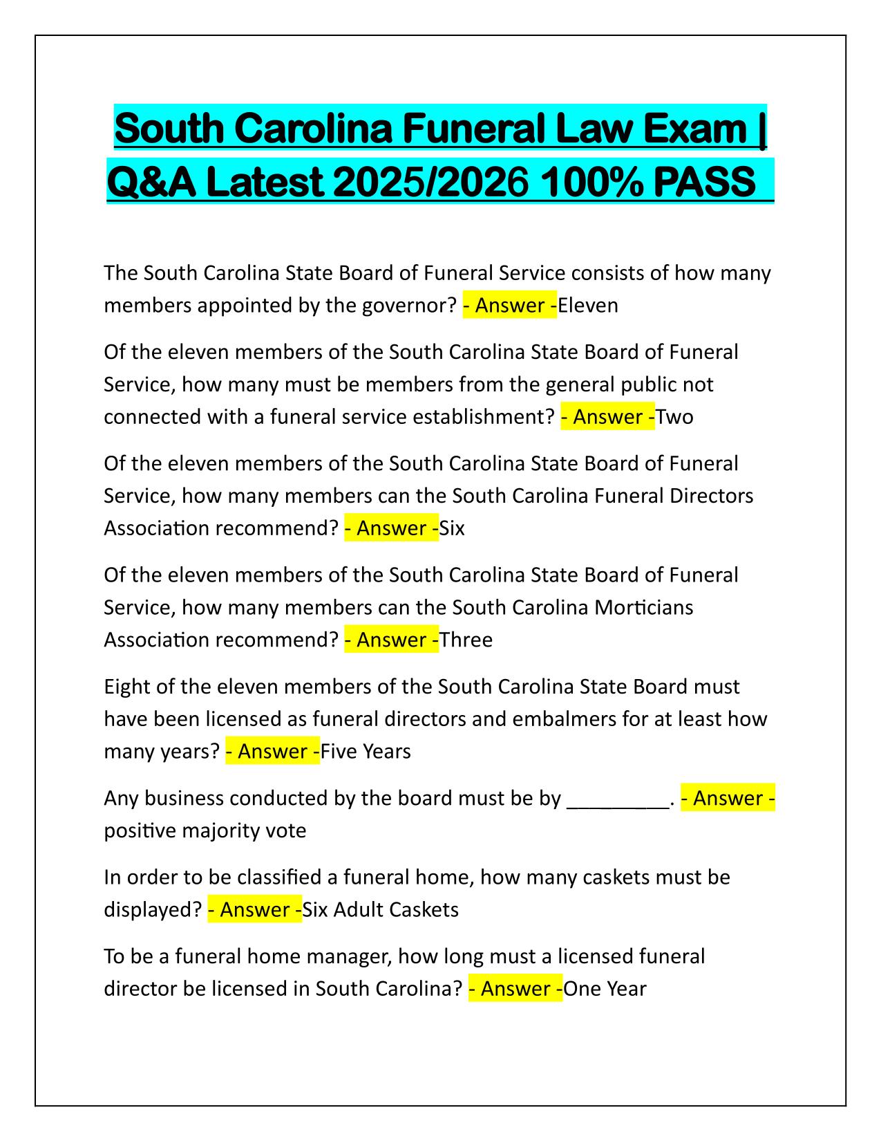 South Carolina Funeral Law Exam Correctly Answered Latest Update