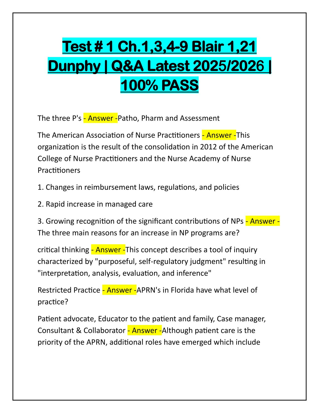 Test #1 Ch.1,3,4-9 Blair 1,21 Dunphy Q&A Latest Update