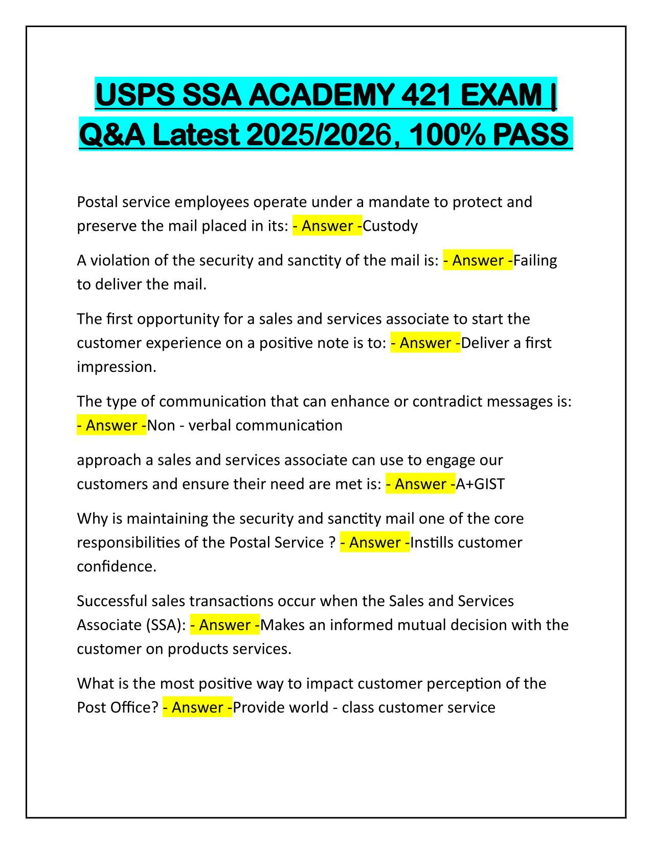 USPS SSA ACADEMY 421 EXAM Q&A Latest Update Graded A