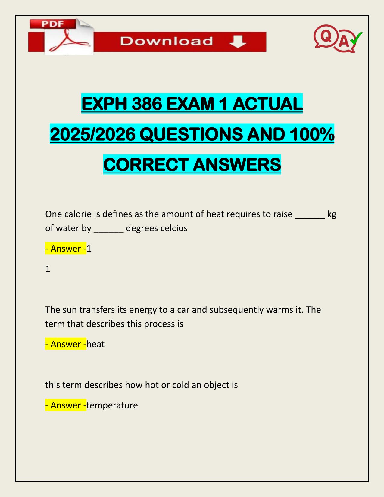 EXPH 386 EXAM 1 ACTUAL 2025/2026 QUESTIONS AND 100% CORRECT ANSWERS
