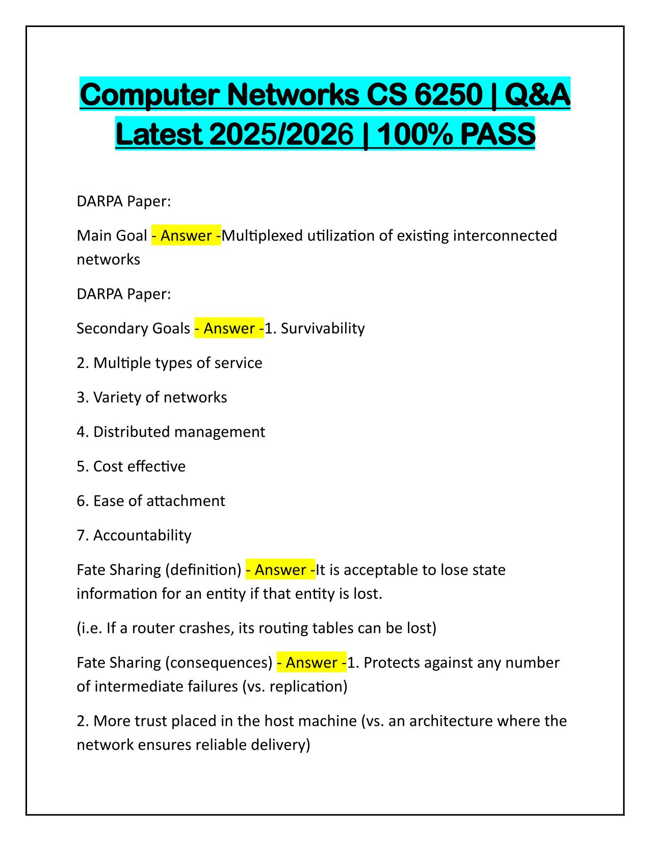 Computer Networks CS 6250 Questions and Correct Answers 100% PASS