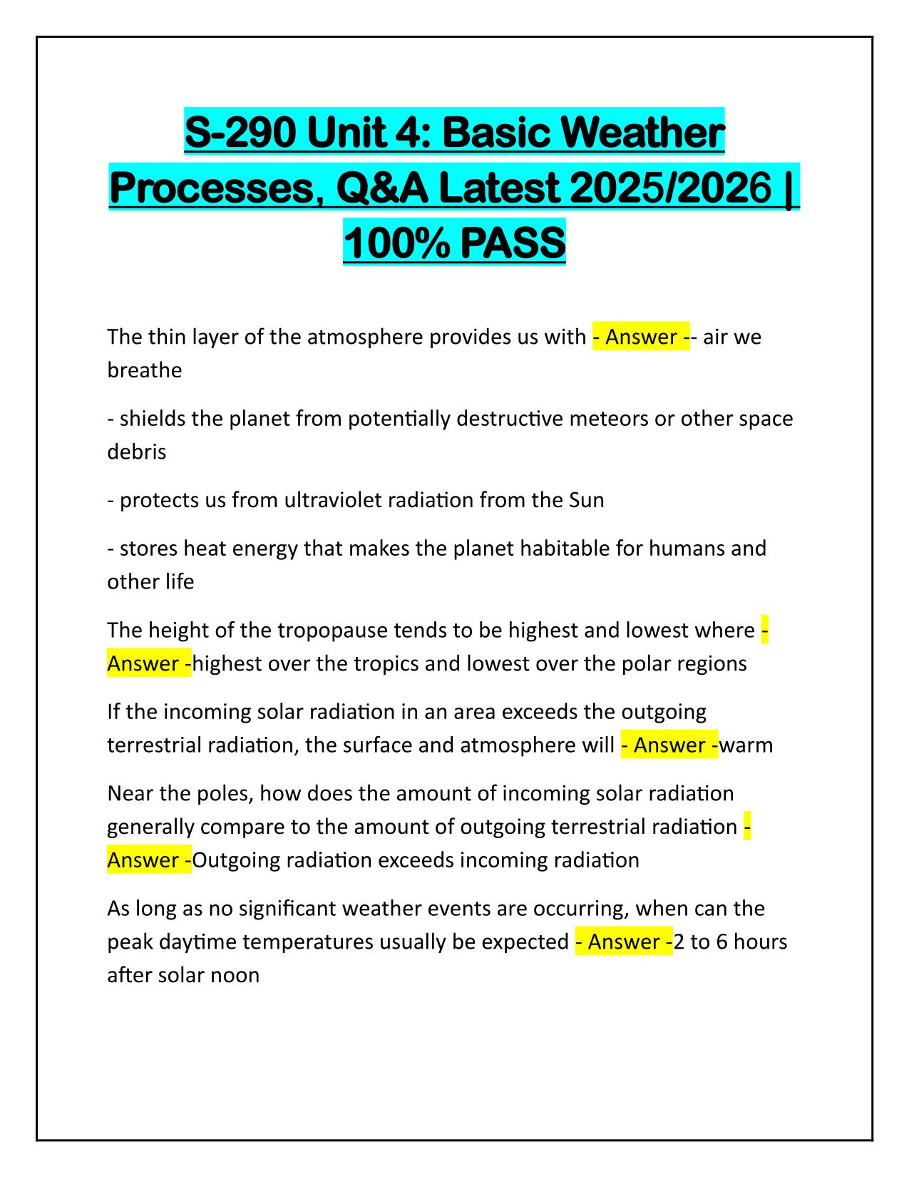 S-290 Unit 4: Basic Weather Processes Q&A Latest Update 2025