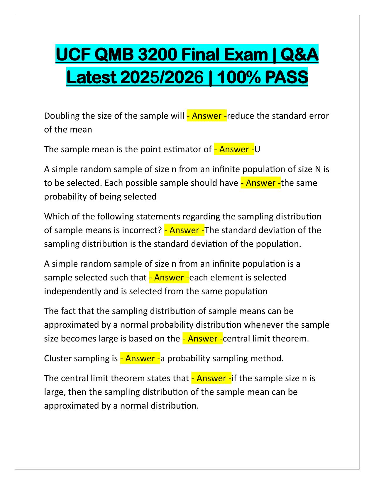 UCF QMB 3200 Final Exam Correctly Answered 2025-2026 Update