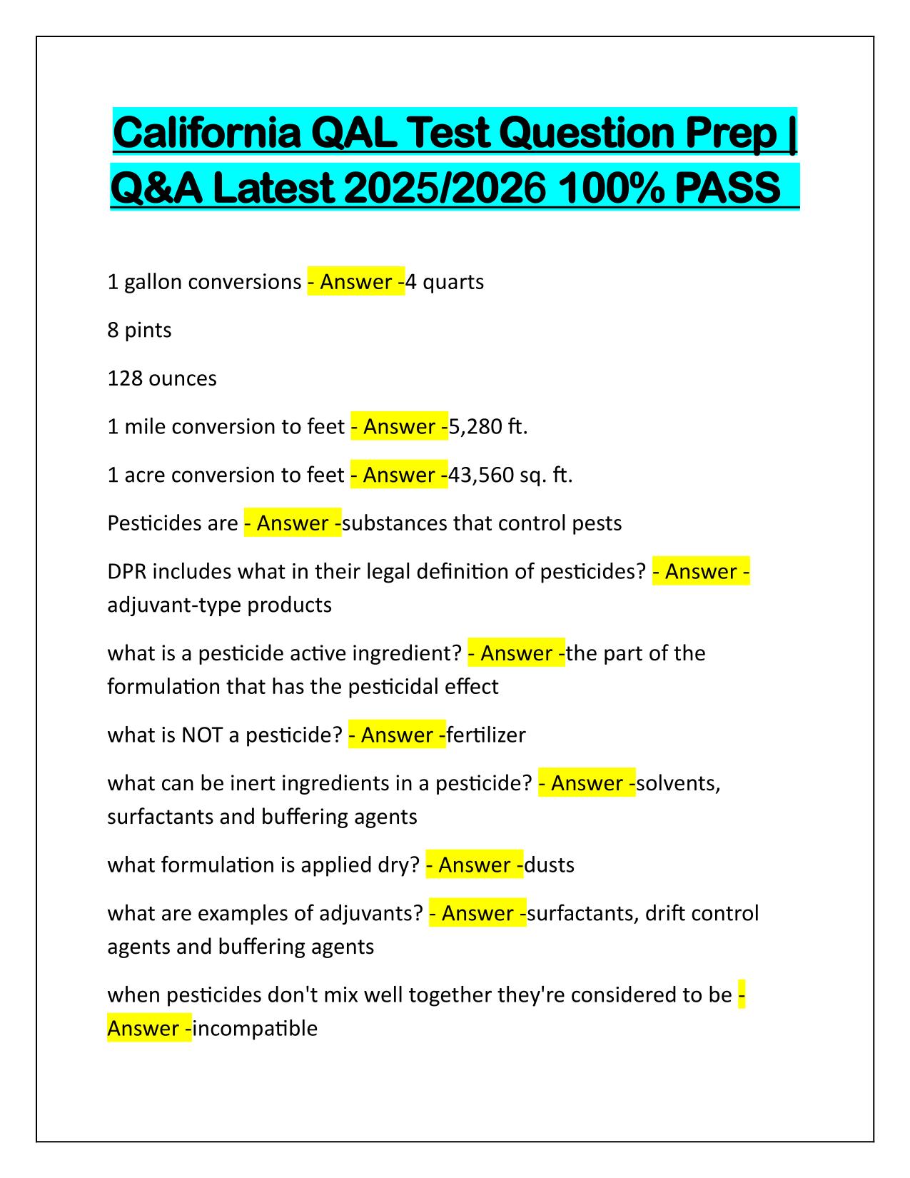 California QAL Test Question Prep Correctly Answered Latest Update