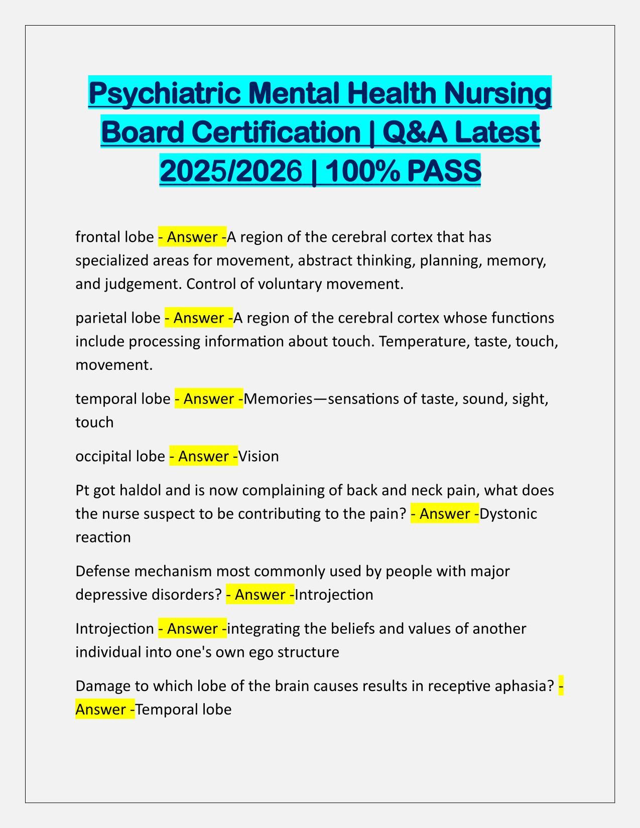 Psychiatric Mental Health Nursing Board Certification Q&A Latest Update