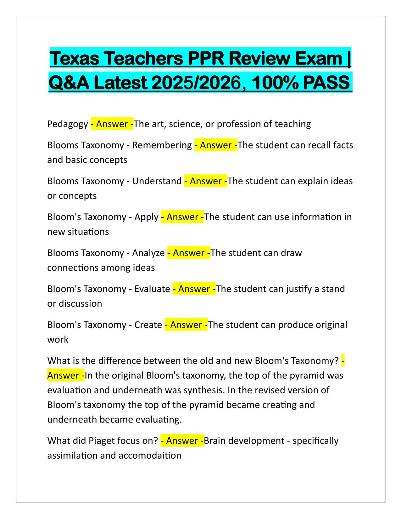 Texas Teachers PPR Review Exam with Verified Answers Latest Update