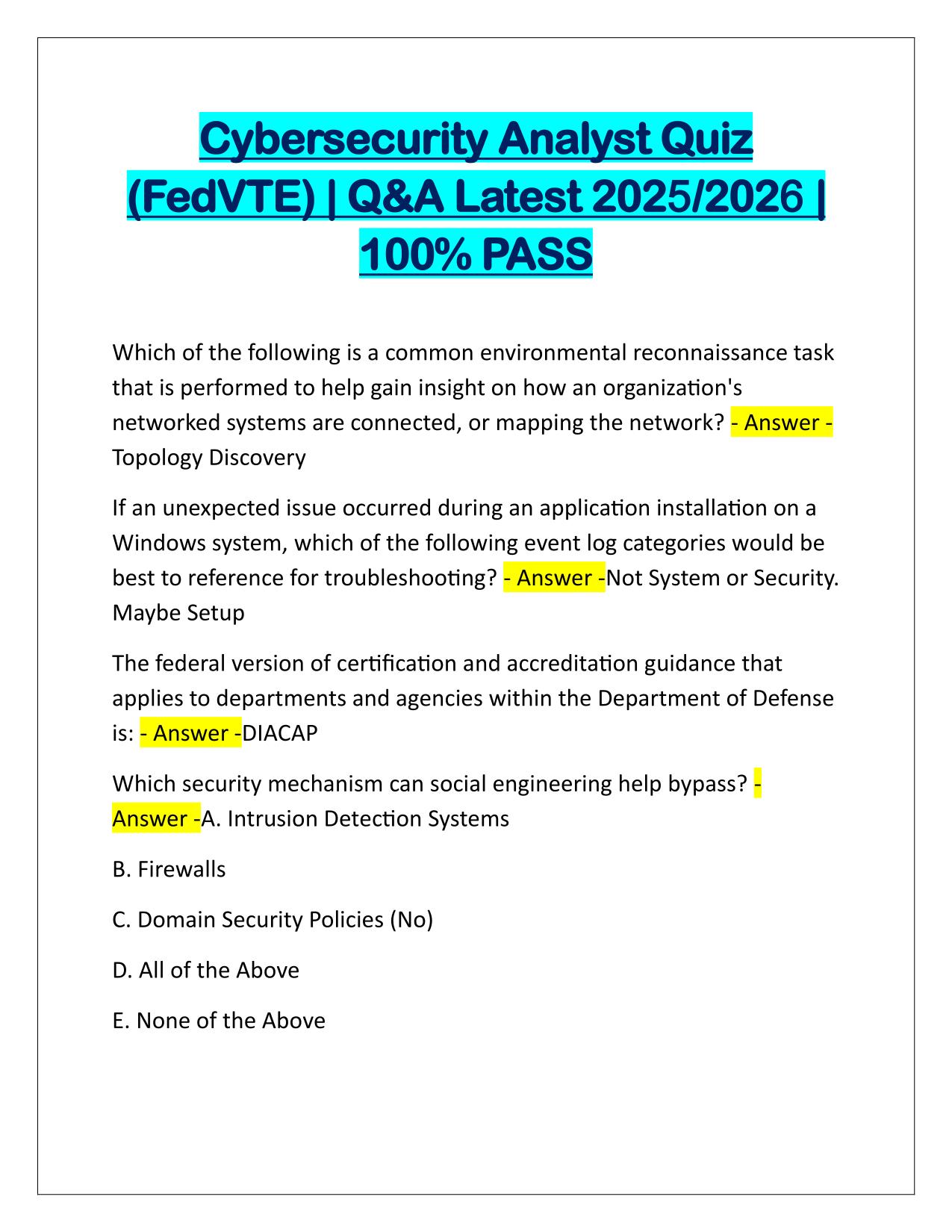 Cybersecurity Analyst Quiz (FedVTE) Correctly Answered Latest Update