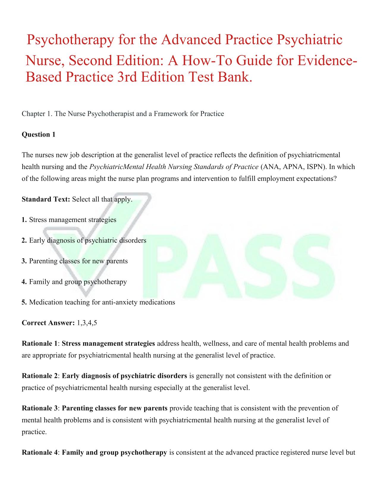Test Bank Psychotherapy for the Advanced Practice Psychiatric Nurse; A How To Guide for Evidence-Based Practice 3rd Edition Kathleen Wheeler ISBN 9780826193896 Chapter 1-24 Complete Solutions 2025/2026