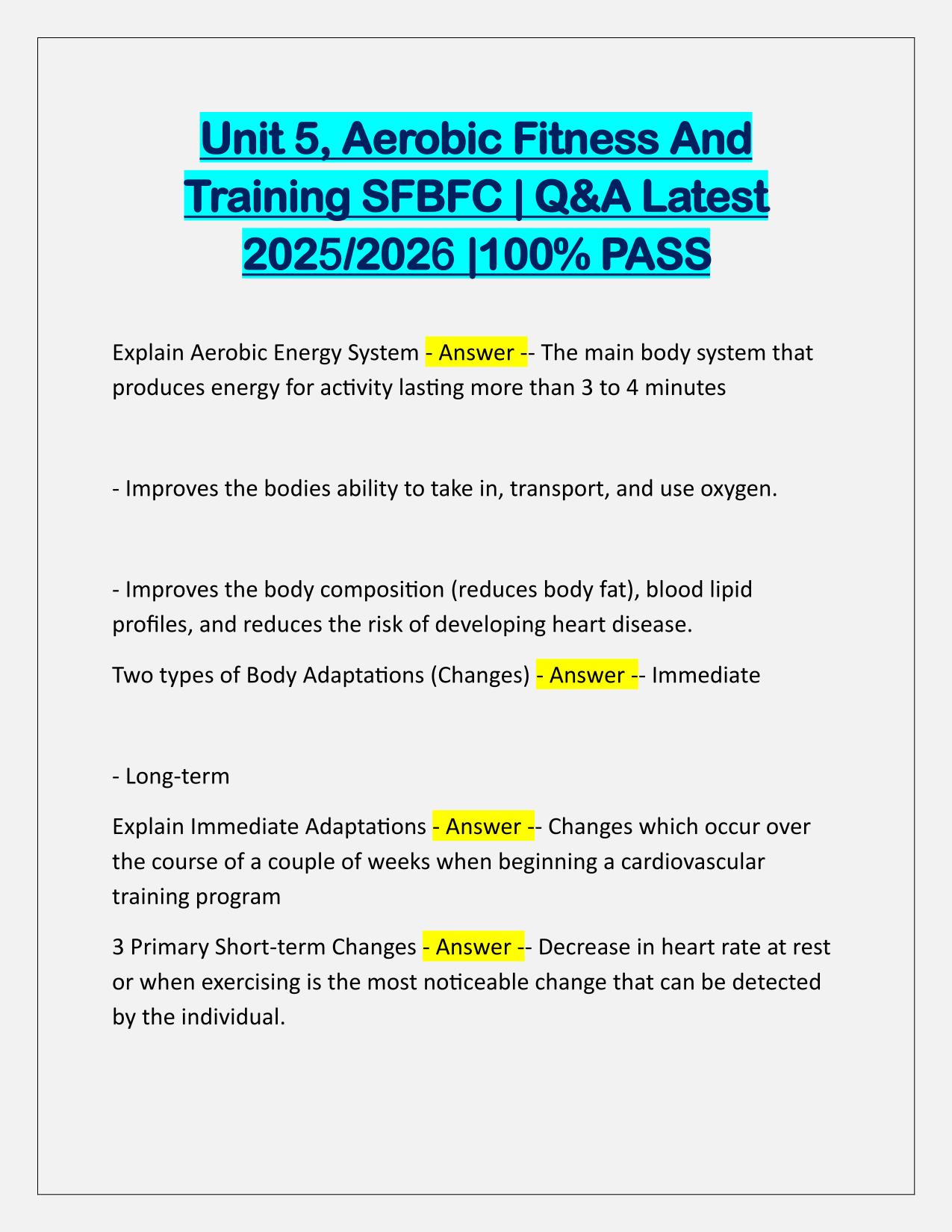 Unit 5, Aerobic Fitness And Training SFBFC Q&A Latest Update