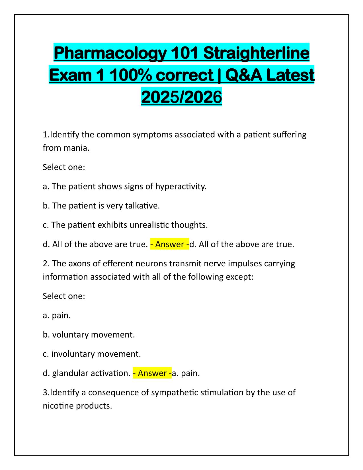 Pharmacology 101 Straighterline Exam 1 Q&A Latest Update 2025-2026