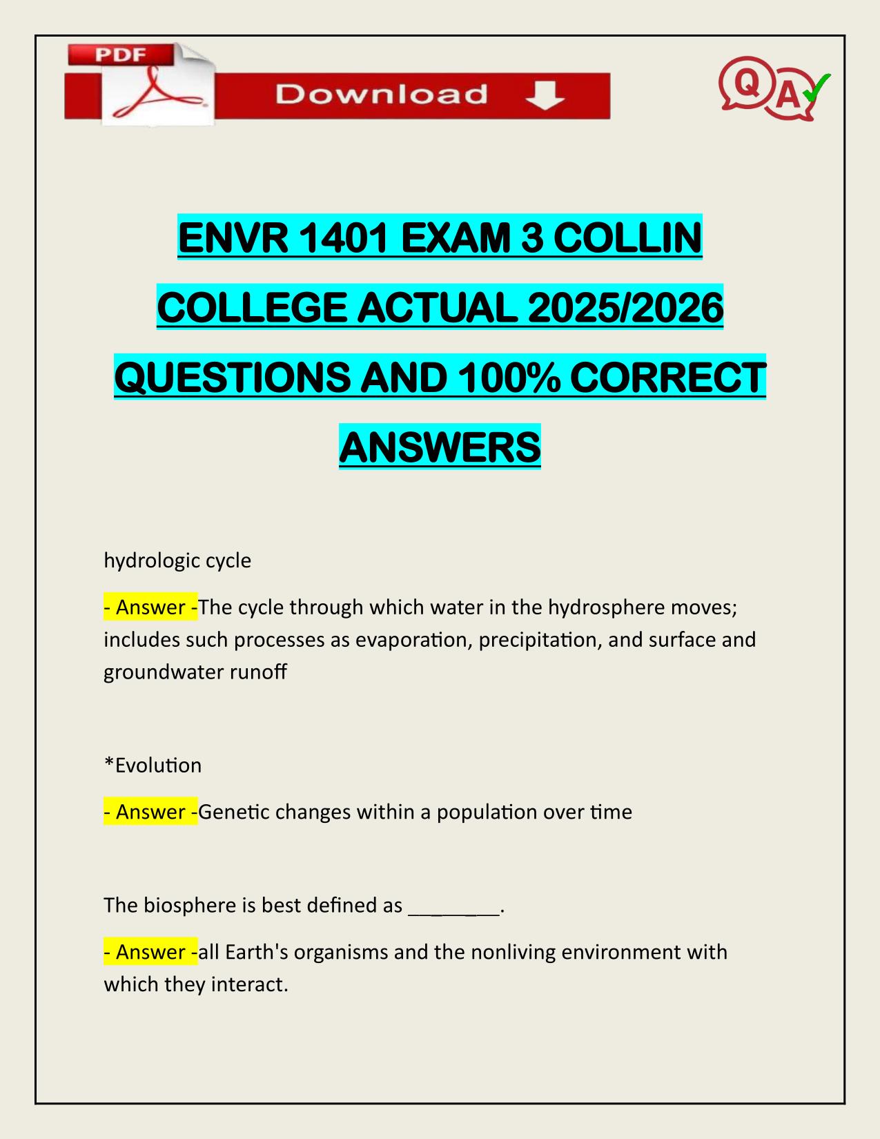 ENVR 1401 EXAM 3 COLLIN COLLEGE ACTUAL 2025/2026 WITH VERIFIED ANSWERS