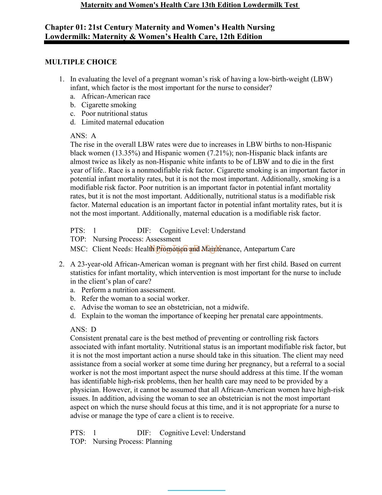 TEST BANK Maternity and Womens HealthCare 13TH Ed by Lowdermilk Complete Guide Chapter 1-37 ISBN: 9780323810203