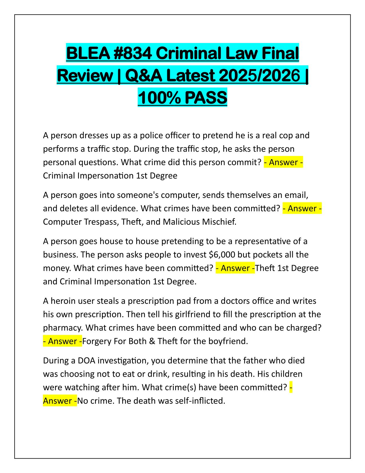 BLEA #834 Criminal Law Final Review Correctly Answered Latest Update