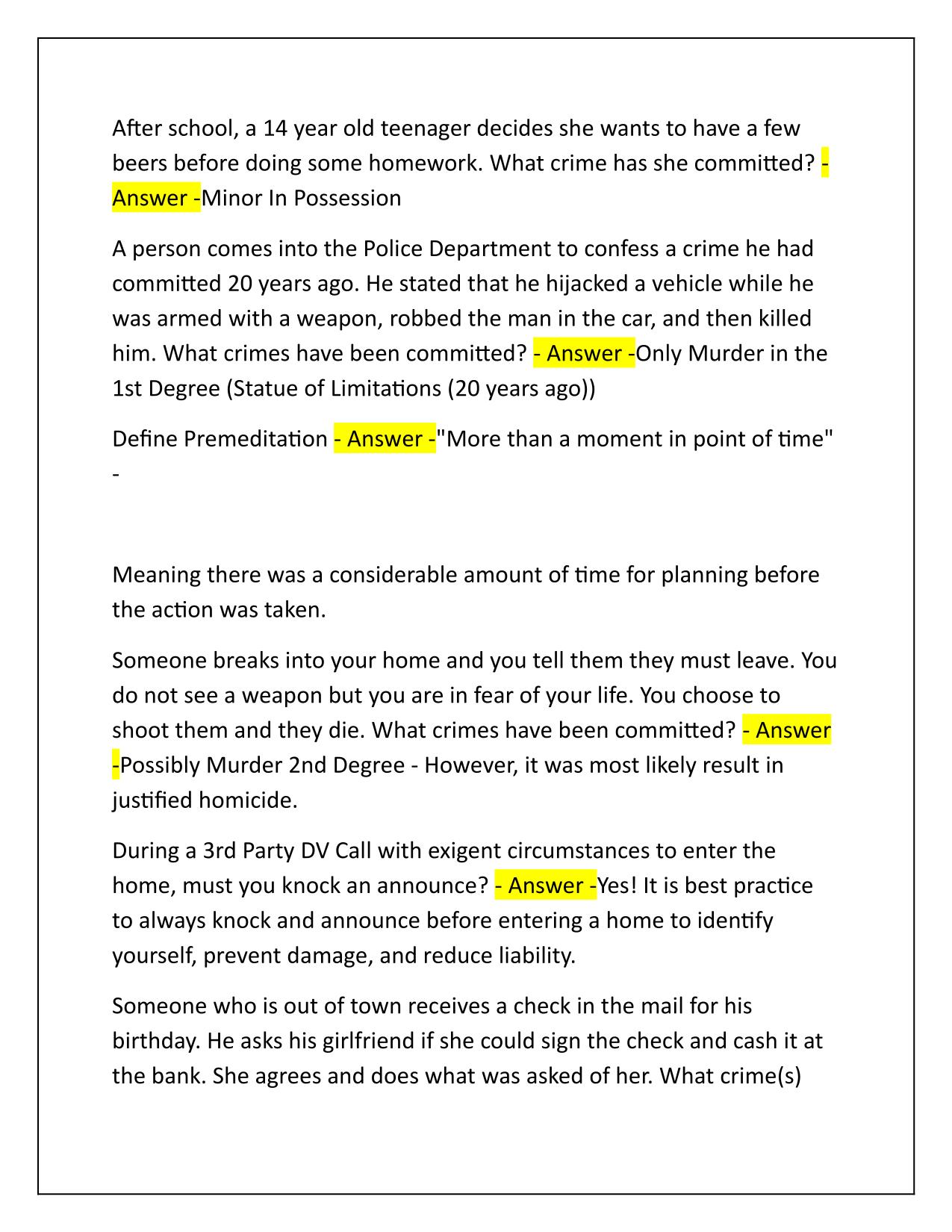 BLEA #834 Criminal Law Final Review Correctly Answered Latest Update