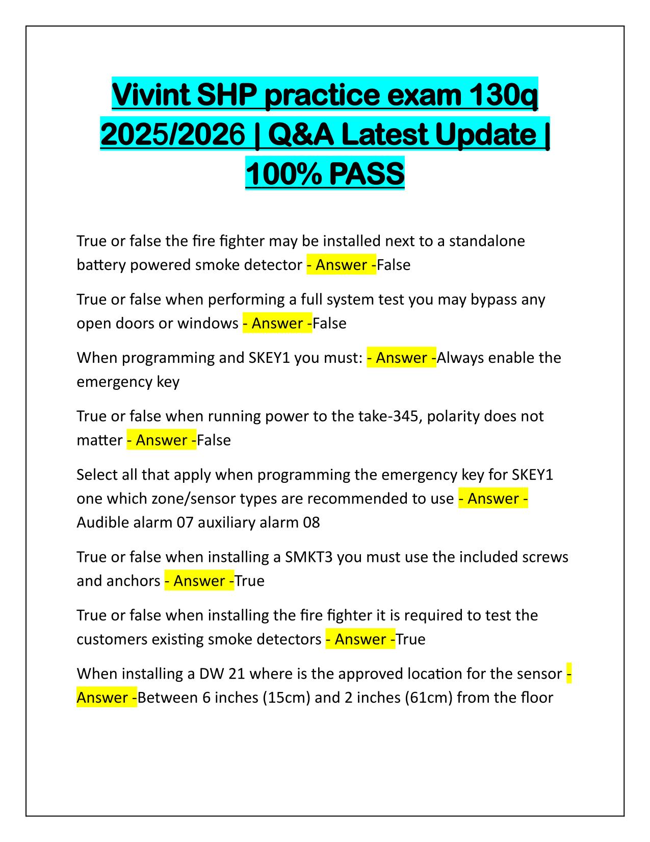 Vivint SHP practice exam Q&A Latest Update