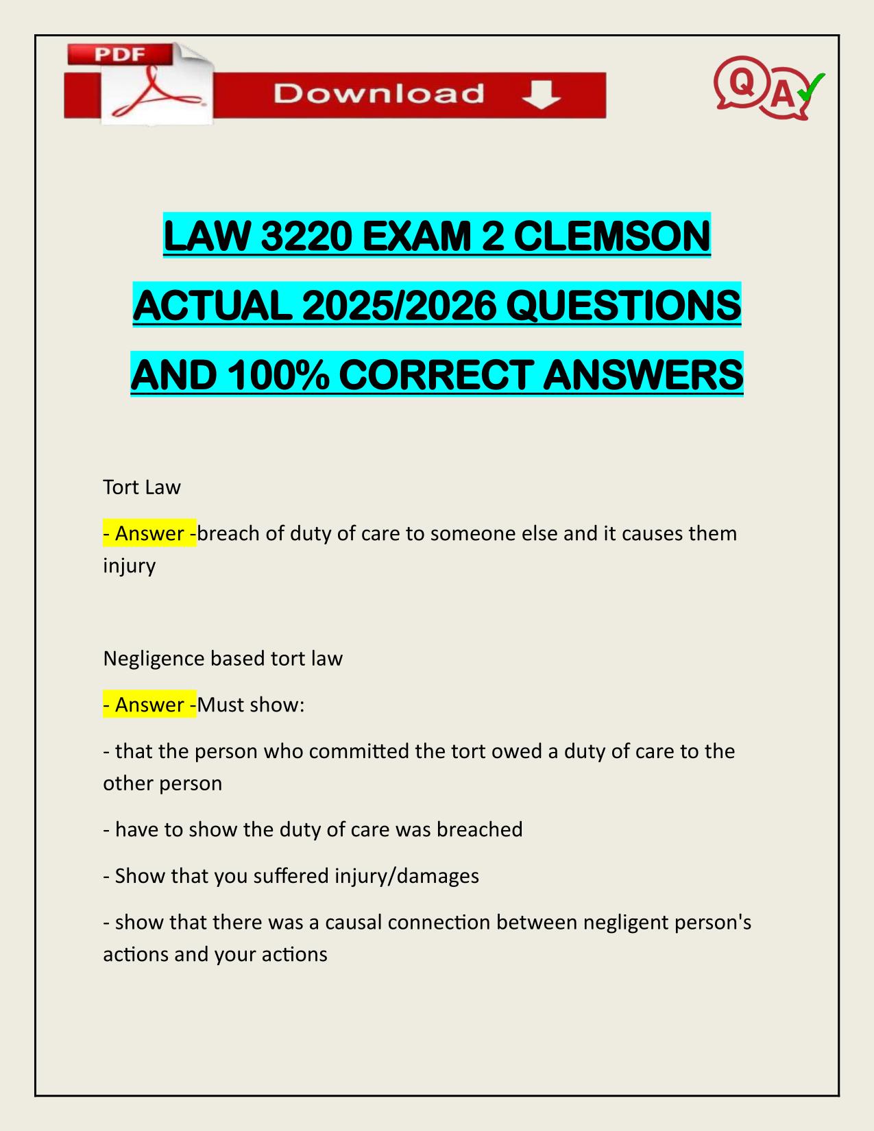 LAW 3220 EXAM 2 CLEMSON ACTUAL 2025/2026 WITH CORRECT ANSWERS