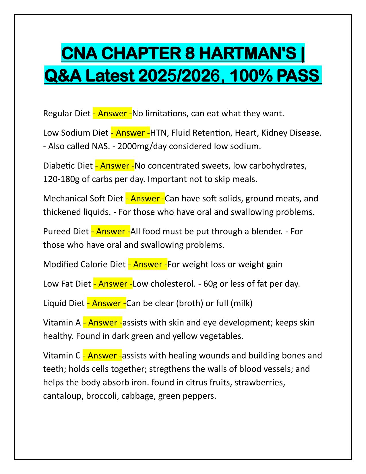 CNA CHAPTER 8 HARTMAN'S Q&A Latest Update 2025
