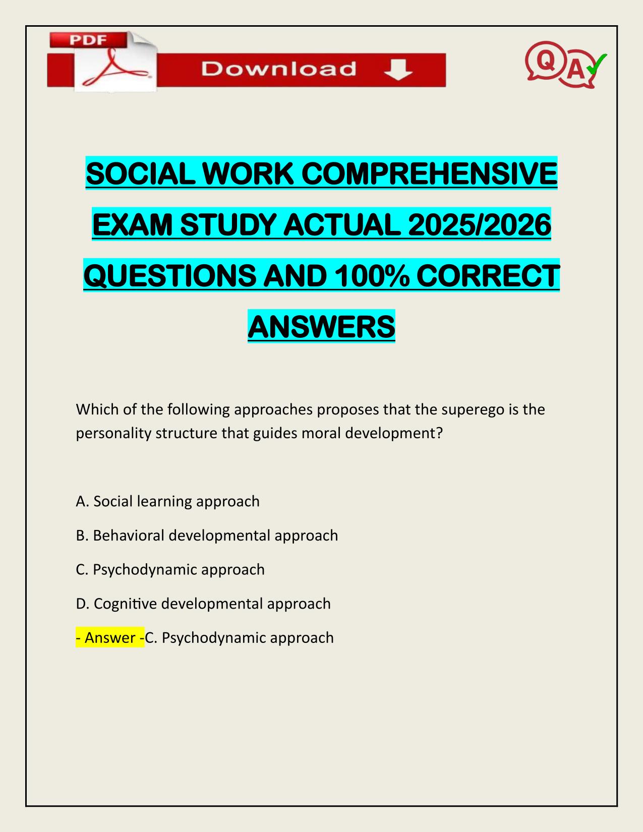 SOCIAL WORK COMPREHENSIVE EXAM STUDY ACTUAL 2025/2026