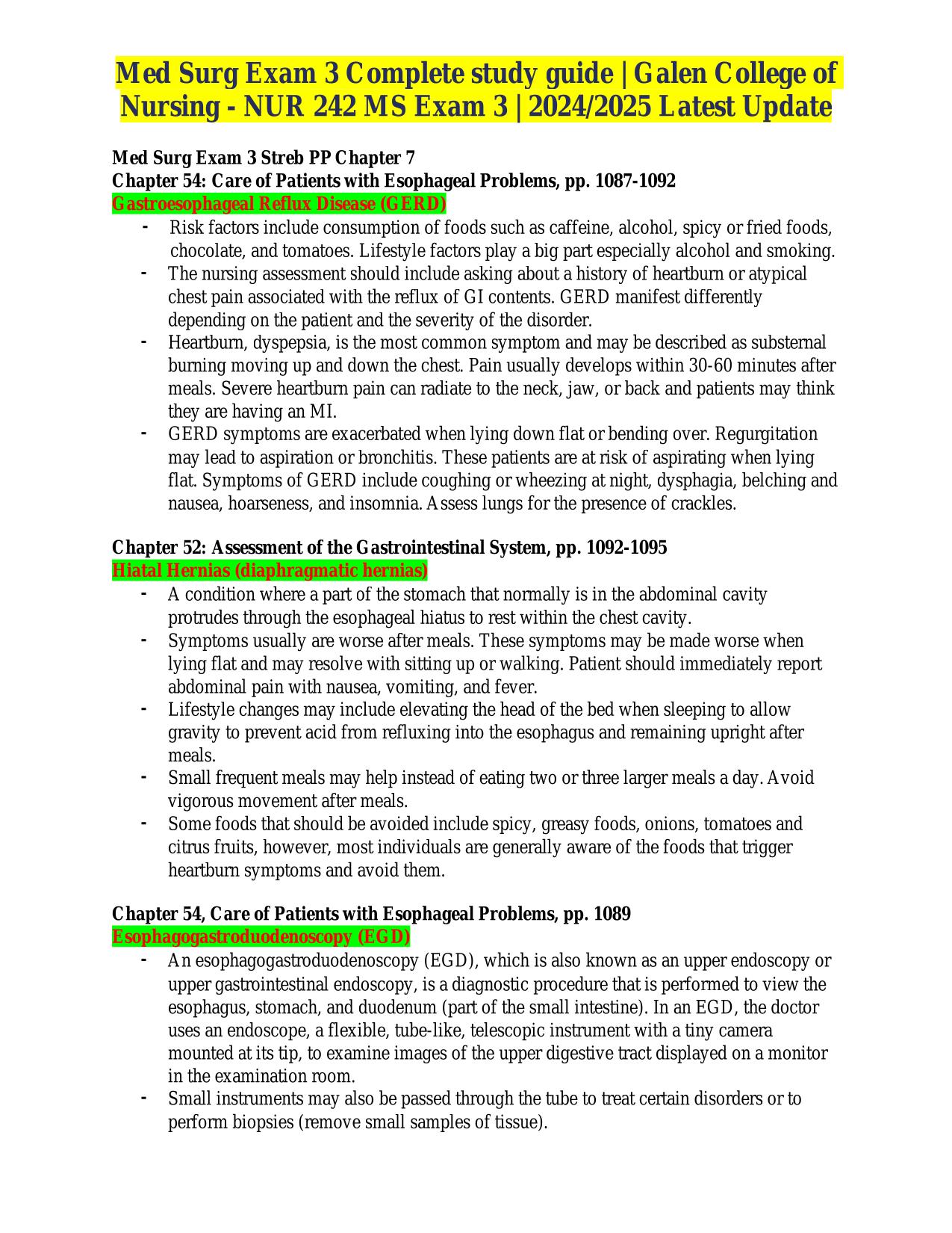 Med Surg Exam 3 Complete study guide ACTUAL 2025/2026 | Galen College of Nursing - NUR 242 MS Exam 3