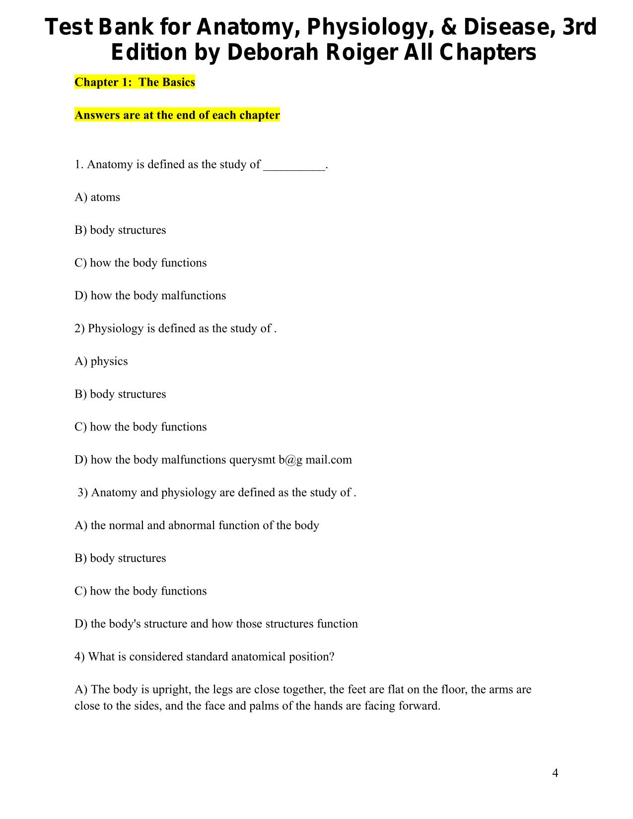 Test Bank for Anatomy, Physiology and Disease 3rd Edition by Deborah Roiger All Chapters ISBN: 9781265135744