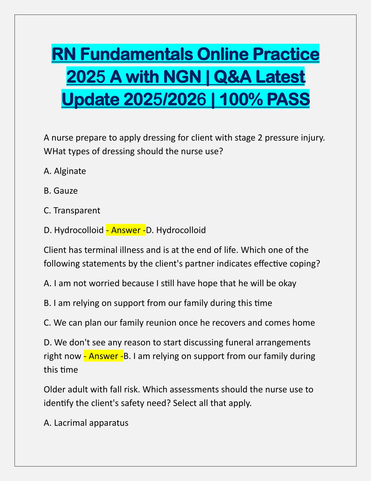 RN Fundamentals Online Practice 2025 A with NGN Q&A Latest Update